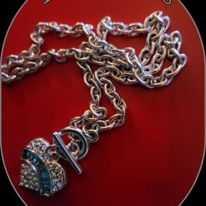 "Little Sis" Silver, Sparkling Clear Pave Heart, Charm, Toggle-Closure Necklace